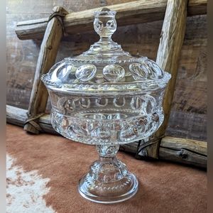 Antique Heavy Glass Compote Dish With Lid Kings Crown Nob